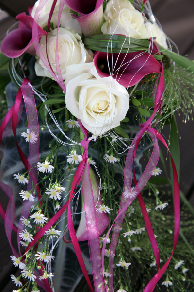 Rosas blancas y Callas moradas decoradas con una - Stockphoto #5413263 |  Agencia de stock PantherMedia