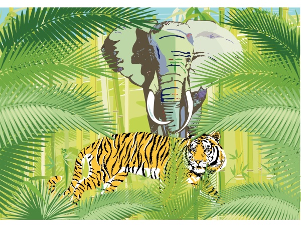 selva tropical con elefante y tigre