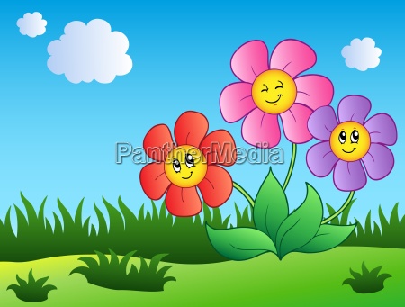 Tres flores de dibujos animados en el prado - Foto de archivo #4796129 |  Agencia de stock PantherMedia